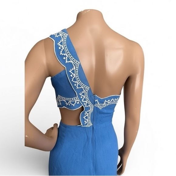 FARM Rio Anthropologie One Shoulder Cut Out Embroidered Linen Jumpsuit Blue M - Picture 5 of 11